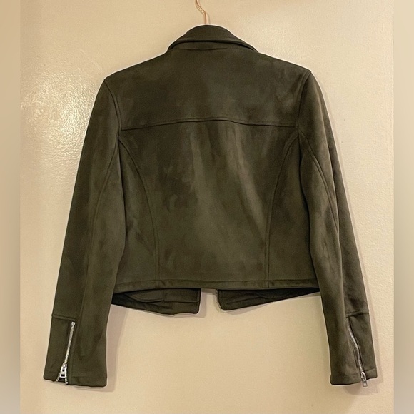 TOPSHOP NWOT George Faux Suede Biker Jacket in Olive Green - Picture 6 of 8